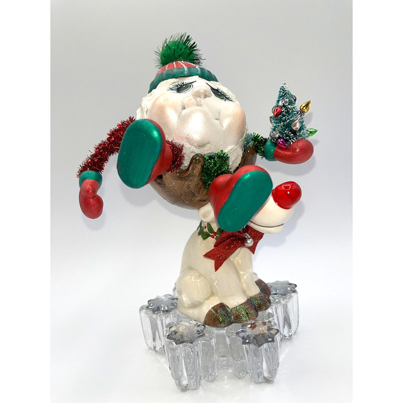 Vintage Ceramic Snowball Sitting in Rudolphs Antlers Mikasa Glass Snowflake OOAK - Picture 5 of 16